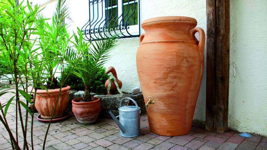 Terracotta urn style water butt. 300L
